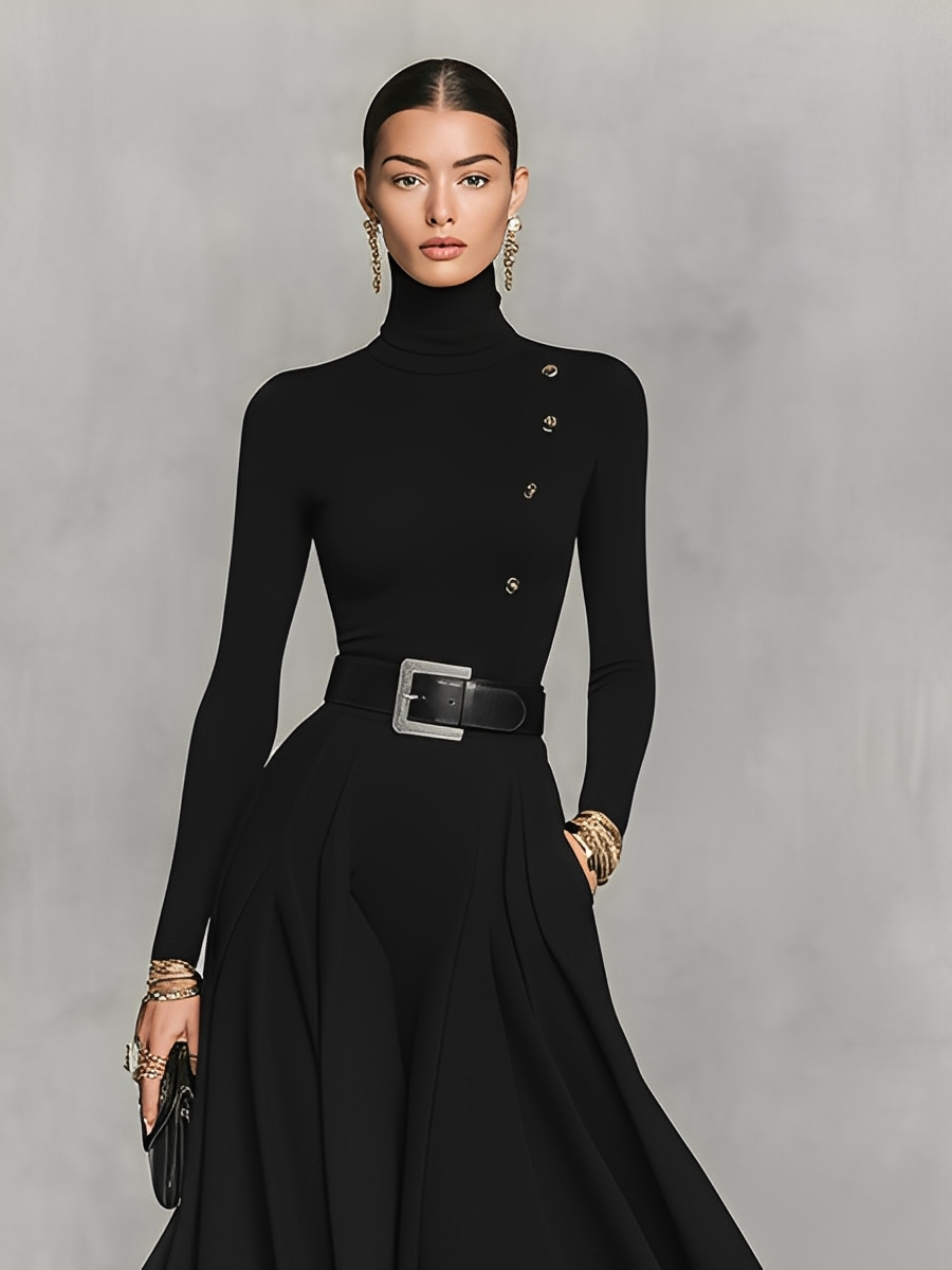 Women's Black Knit Elegant High Neck Button Detail Maxi Dress