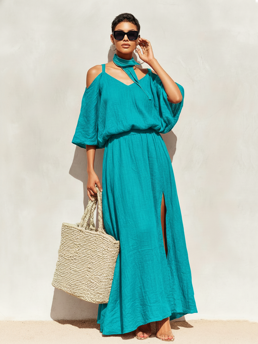 Women's Teal Linen Dress With Cold-Shoulder Sleeves & Side Slit, Timeless Boho-Resort Style Dress