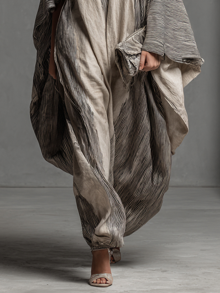 Women's Boho Striped V-Neck Cotton Linen Oversized Kaftan Maxi Dress
