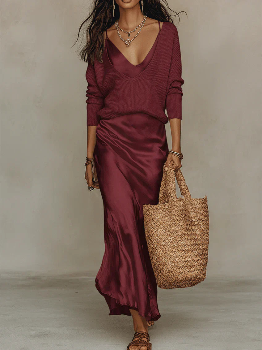 Elara | Midi Satin Dress with Included Sweater