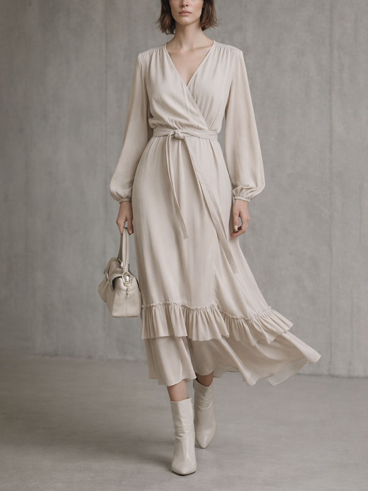Women's Beige Cotton Blend Long-Sleeve Ruffled Wrap Midi Dress