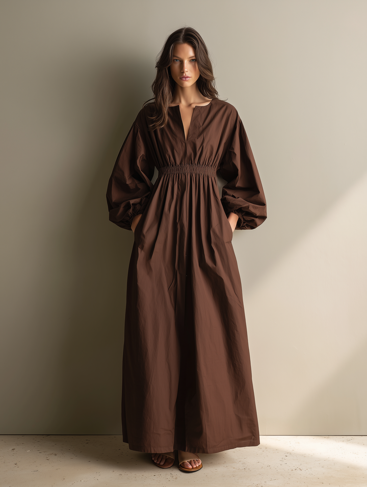 Women's Casual Brown Cotton And Linen V-neck Long-sleeved Maxi Dress With Elastic Waist