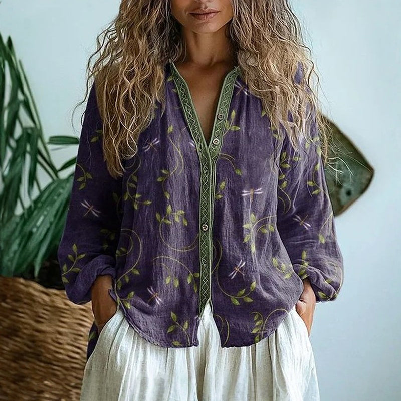 Hannah | Elegant Vintage Leaf Print Shirt