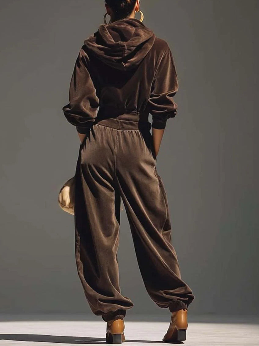 Lovely | Vintage Brown Velvet Hoodie and Loose-Fitting Pants Set (Including Belt)