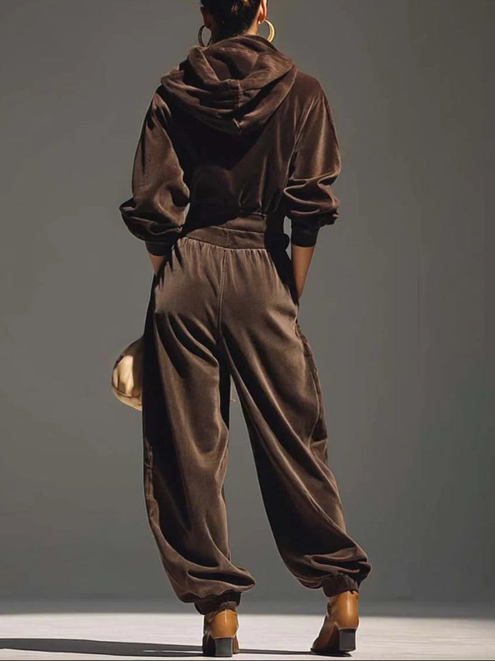 Lovely | Vintage Brown Velvet Hoodie and Loose-Fitting Pants Set (Including Belt)