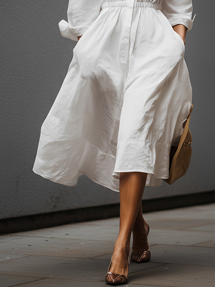 Women's White Linen Dress With Shirt Collar & Elastic Waist, Timeless Effortless-Chic Style Dress