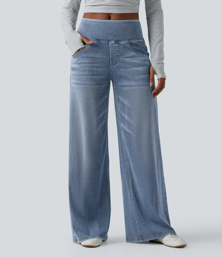Velouré Flex™ Mid Rise Draped Washed Casual Baggy Wide Leg Jeans with Pockets