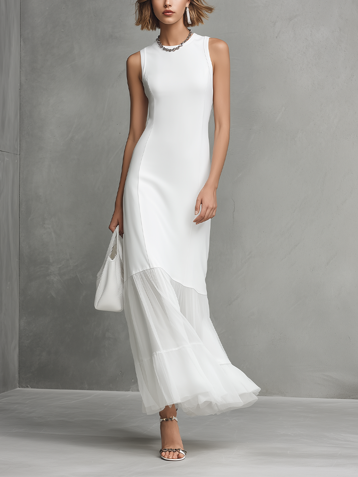 Elegant Women's White Sleeveless Dress With Milk Silk And Chiffon Paneling