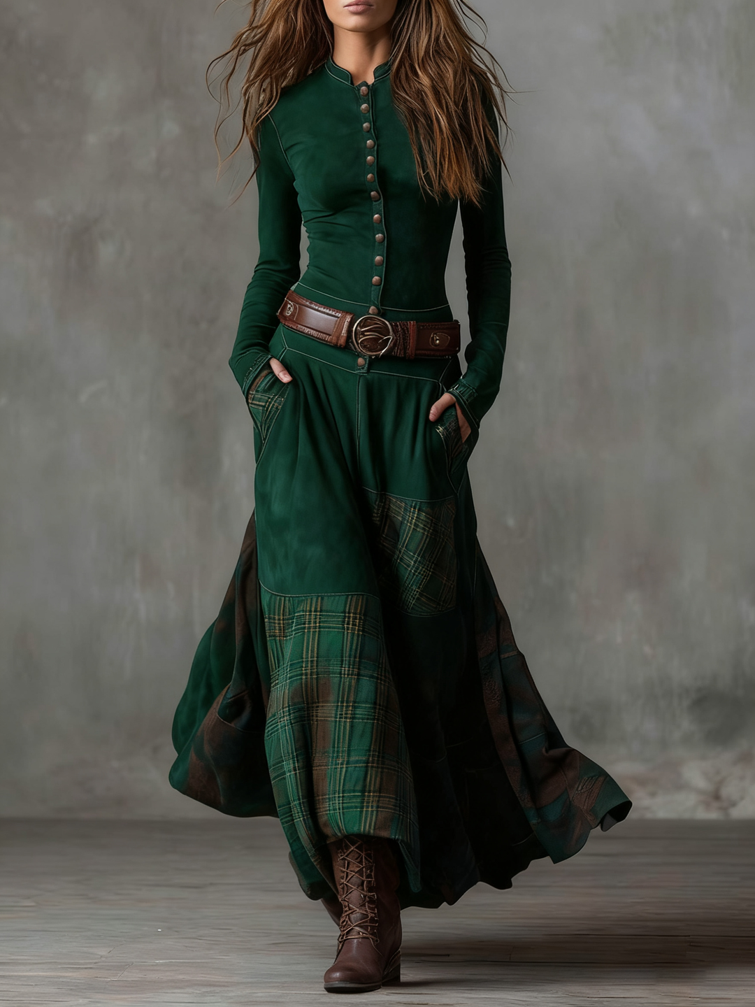 Navy Plaid Paneled Vintage Suede Maxi Dress (with belt)