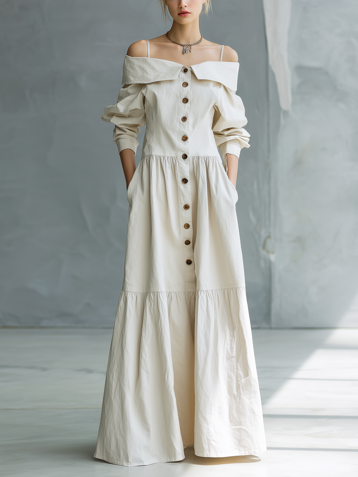 Women's Elegant White Woven Camisole Dress With Off-the-shoulder Design And Loose Long Sleeves