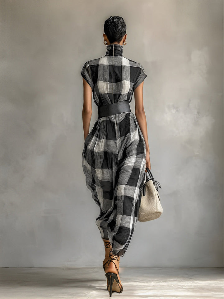 Women's Plaid Cotton Blend High Collar Short Sleeve Belt Maxi Dress