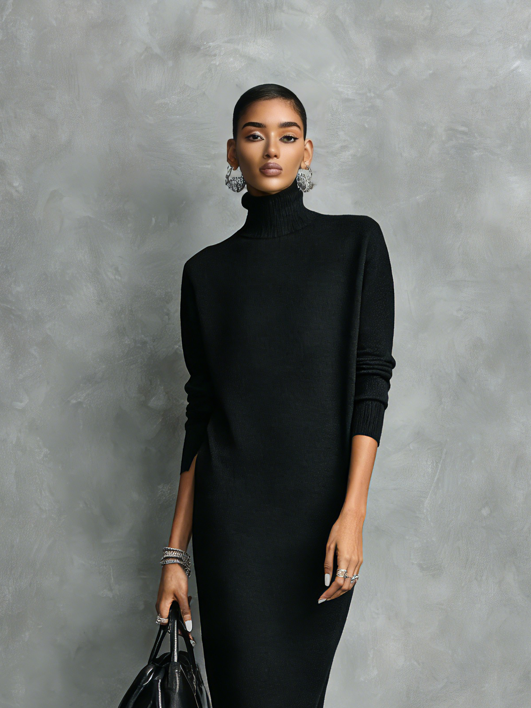 Women's Elegant Black Knitted Turtleneck Long-sleeved Loose-fitting  Midi Dress With No Pockets