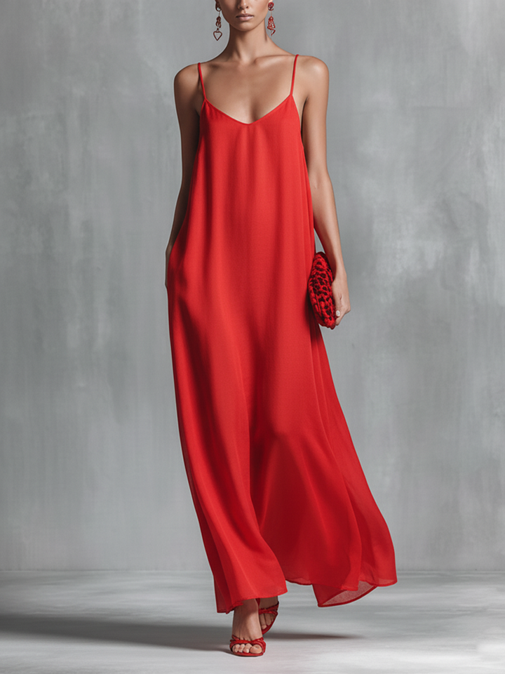 Women's Simple Red Chiffon V-Neck Spaghetti Strap Maxi Dress