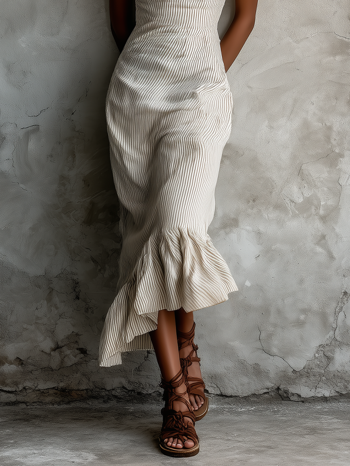 Women's Beige Striped Spaghetti Strap Maxi Dress With Ruffled Asymmetric Hem