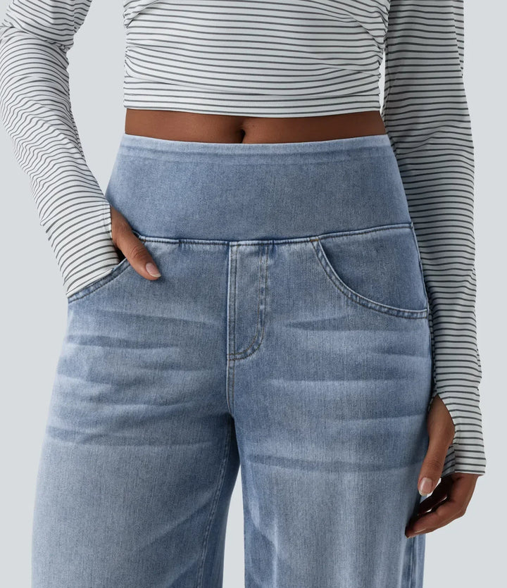 Velouré Flex™ Mid Rise Draped Washed Casual Baggy Wide Leg Jeans with Pockets