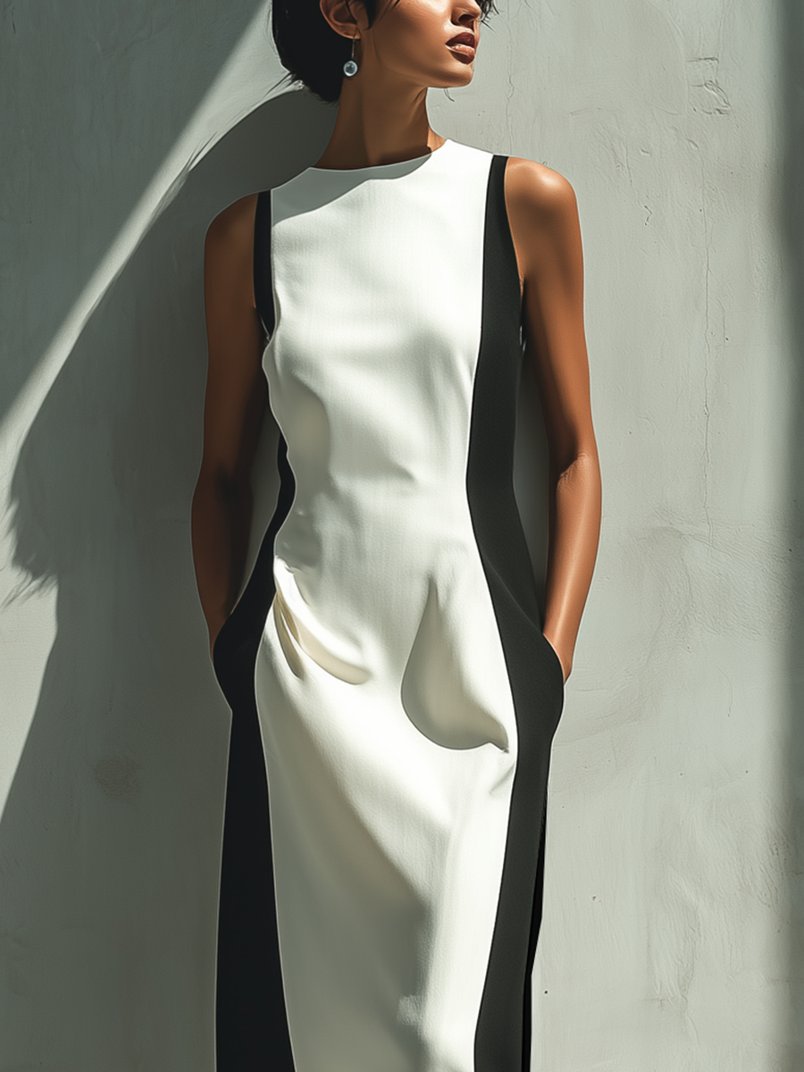 Women's Black And White Color Block Sleeveless Maxi Dress With Fitted Bodice & Side Pockets
