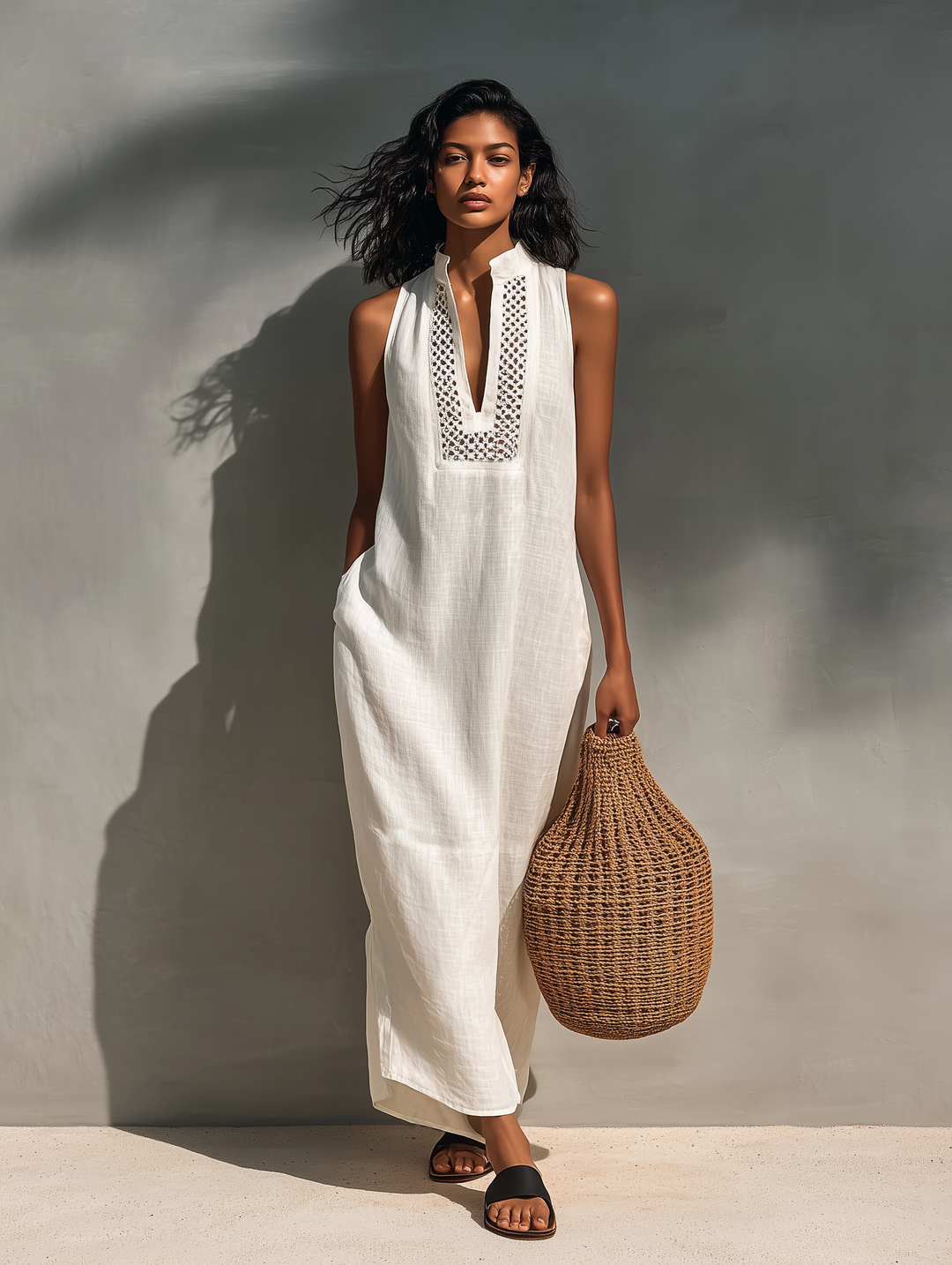 Women's Minimalist Sleeveless Maxi Dress With Cutout Neckline