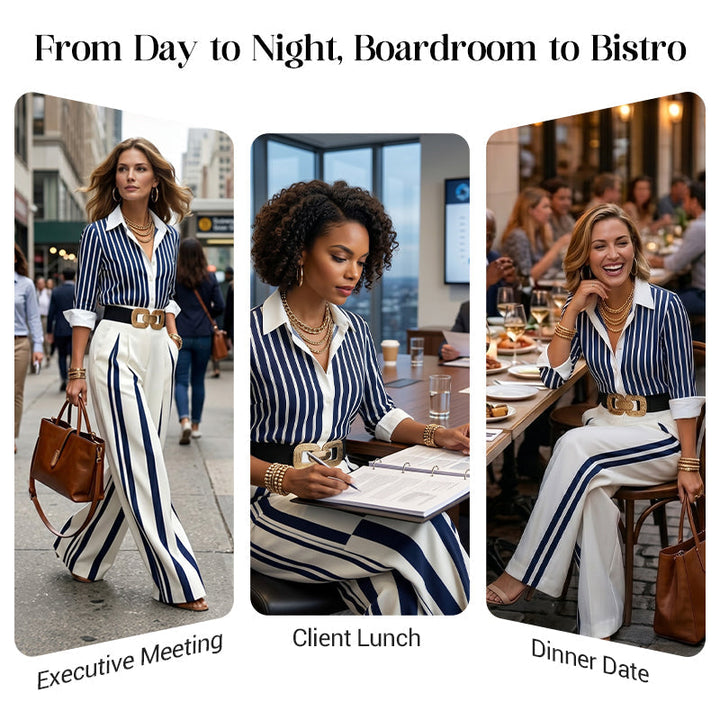 Emelie | Women's Striped Shirt & Wide-Leg Pants 2-Piece Set