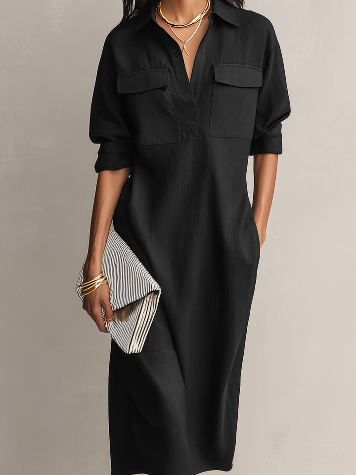 Women's Elegant Black Cotton-linen Blend Shirt Collar Short-sleeved Midi Dress