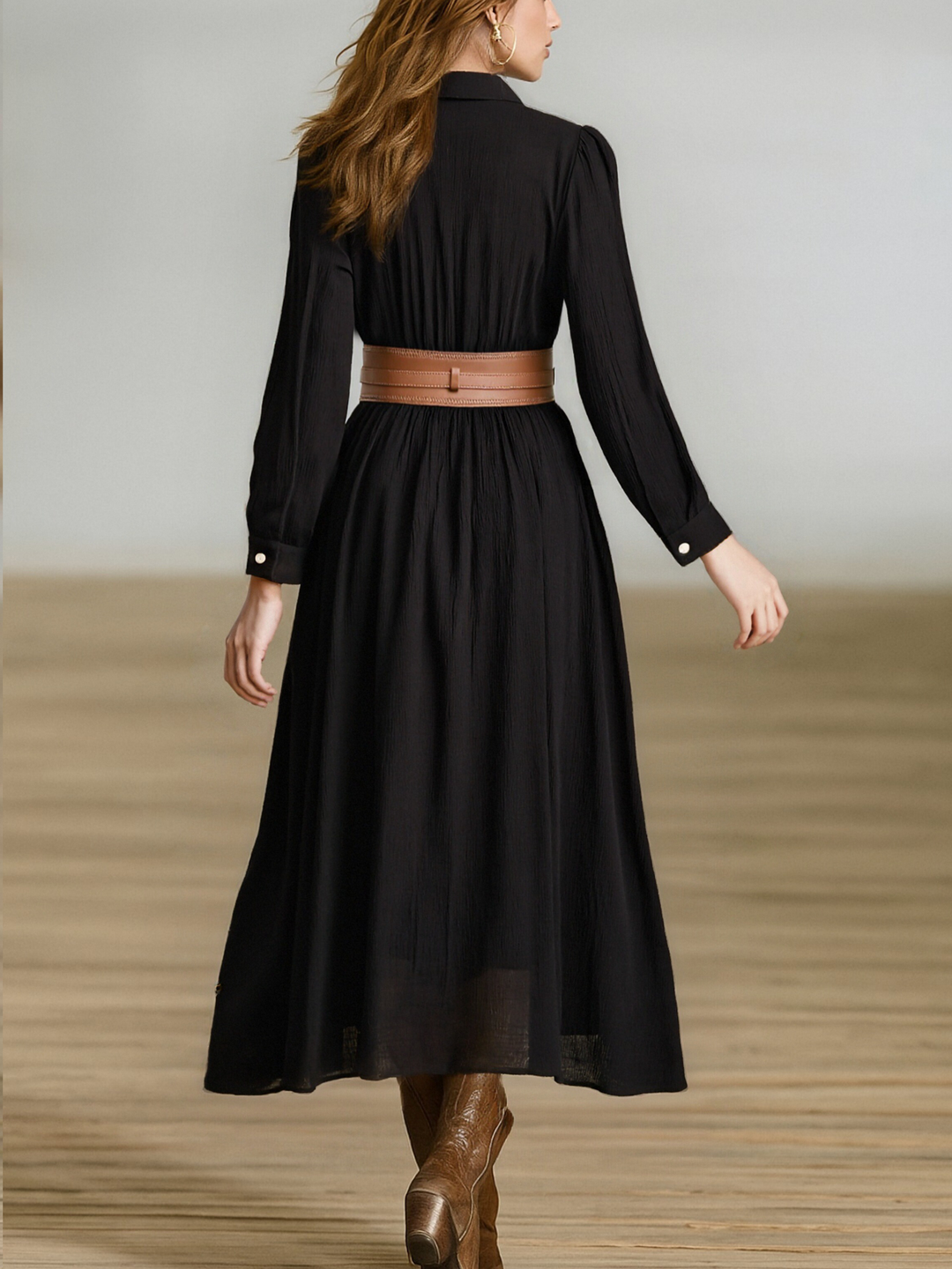 Women's Imitation Cotton And Linen Pleated Lapel Single-breasted Long-sleeved Maxi Dress