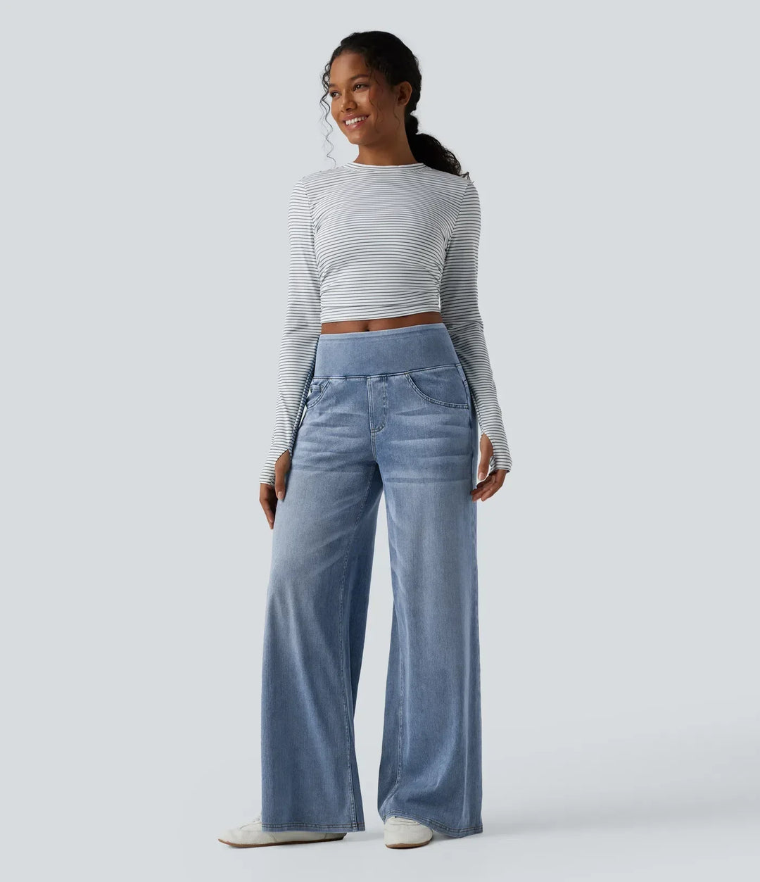 Velouré Flex™ Mid Rise Draped Washed Casual Baggy Wide Leg Jeans with Pockets