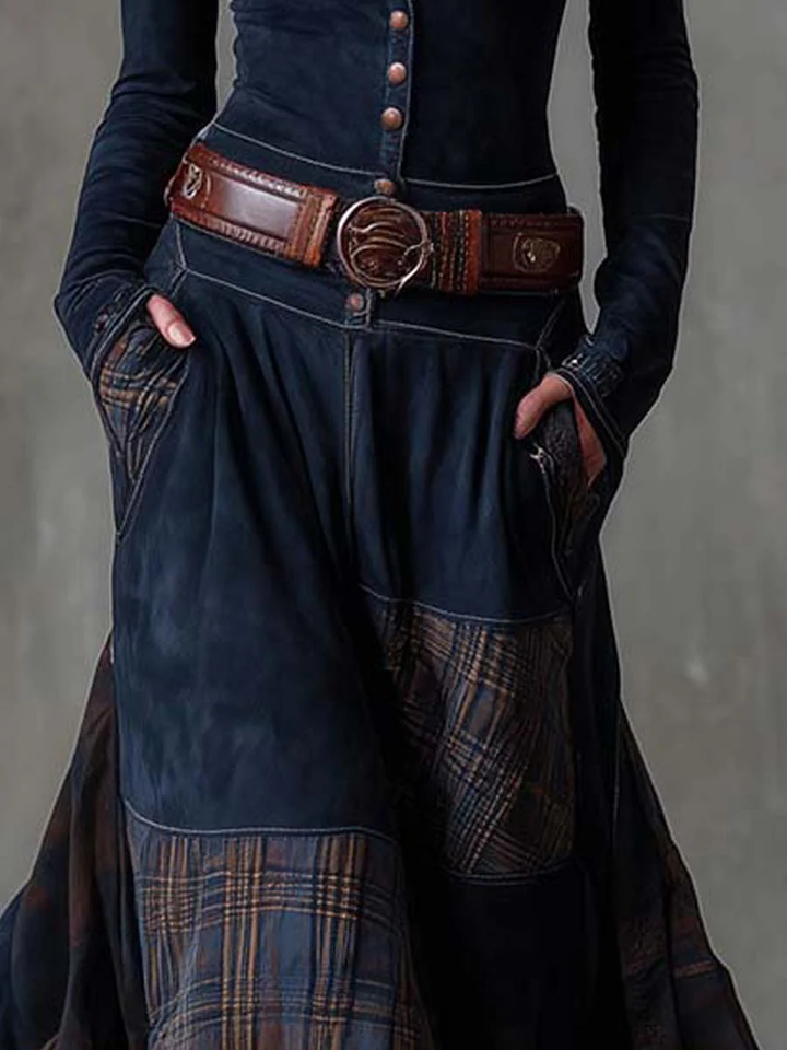 Navy Plaid Paneled Vintage Suede Maxi Dress (with belt)