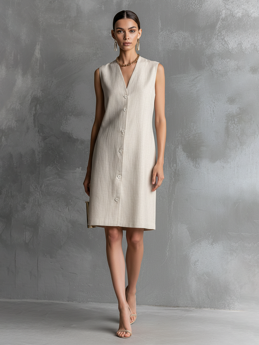 Women's Ivory Cotton Linen Sleeveless V-Neck Button-Front Midi Dress