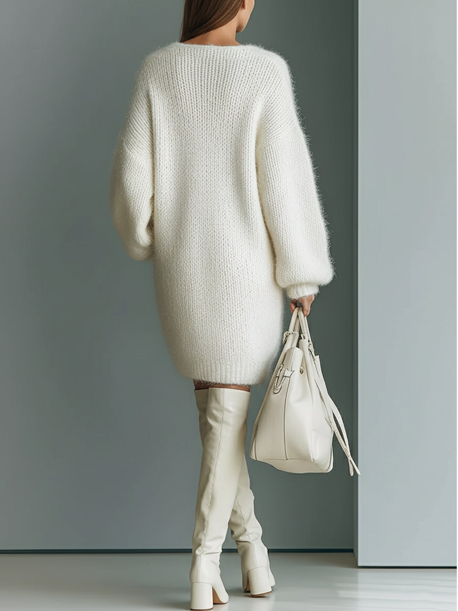 Women's White Elegant V - Neck Mini Sweater Dress