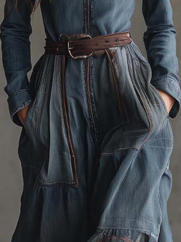 Joannah | Denim Patchwork Maxi Dress With Plaid Hem