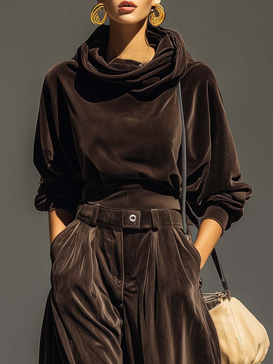 Lovely | Vintage Brown Velvet Hoodie and Loose-Fitting Pants Set (Including Belt)