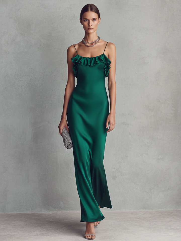 Women's Emerald Green Stretch Satin Ruffle Neck Spaghetti Strap Maxi Dress