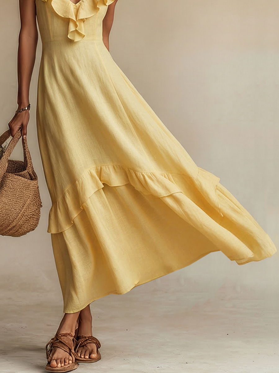Women's Yellow Linen Dress With Ruffle V-Neck & Ruffled Hem, Timeless Boho-Resort Style Dress