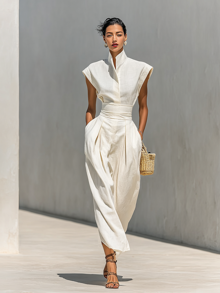 Women's Pure Cotton Lapel Cap Sleeves Waist Maxi Dress