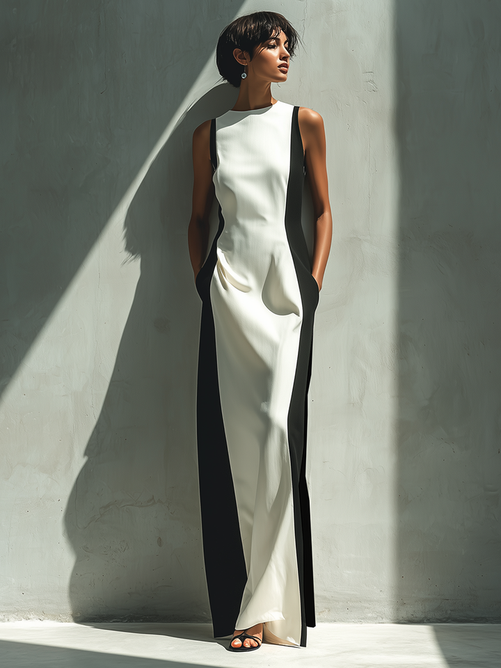 Women's Black And White Color Block Sleeveless Maxi Dress With Fitted Bodice & Side Pockets