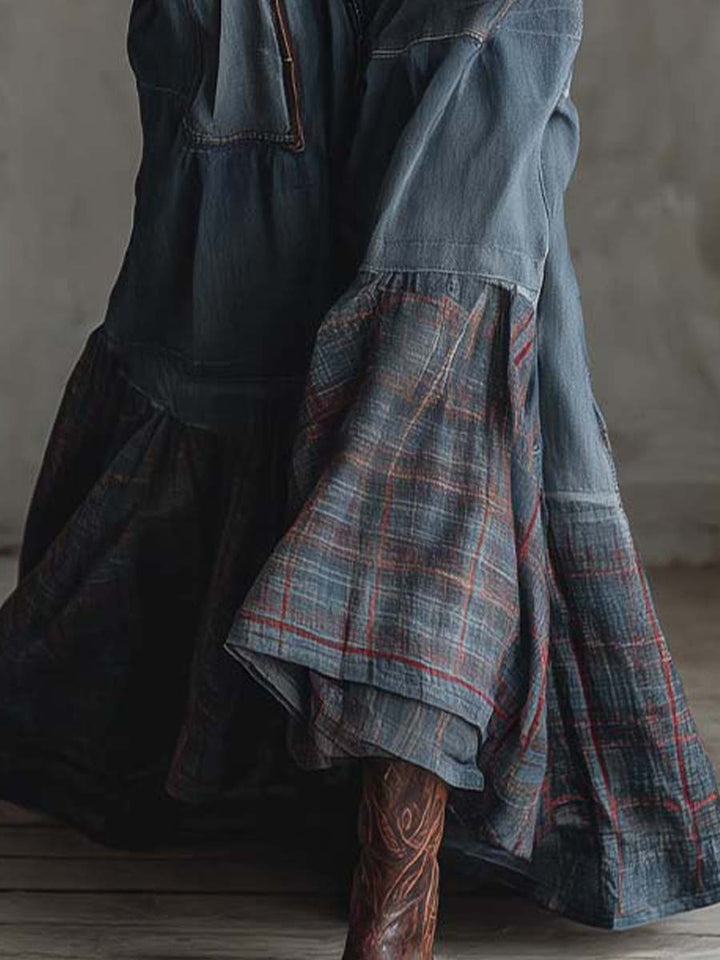 Joannah | Denim Patchwork Maxi Dress With Plaid Hem