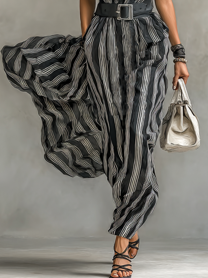 Women's Chiffon Striped Printed Lapel Short-sleeved Maxi Dress