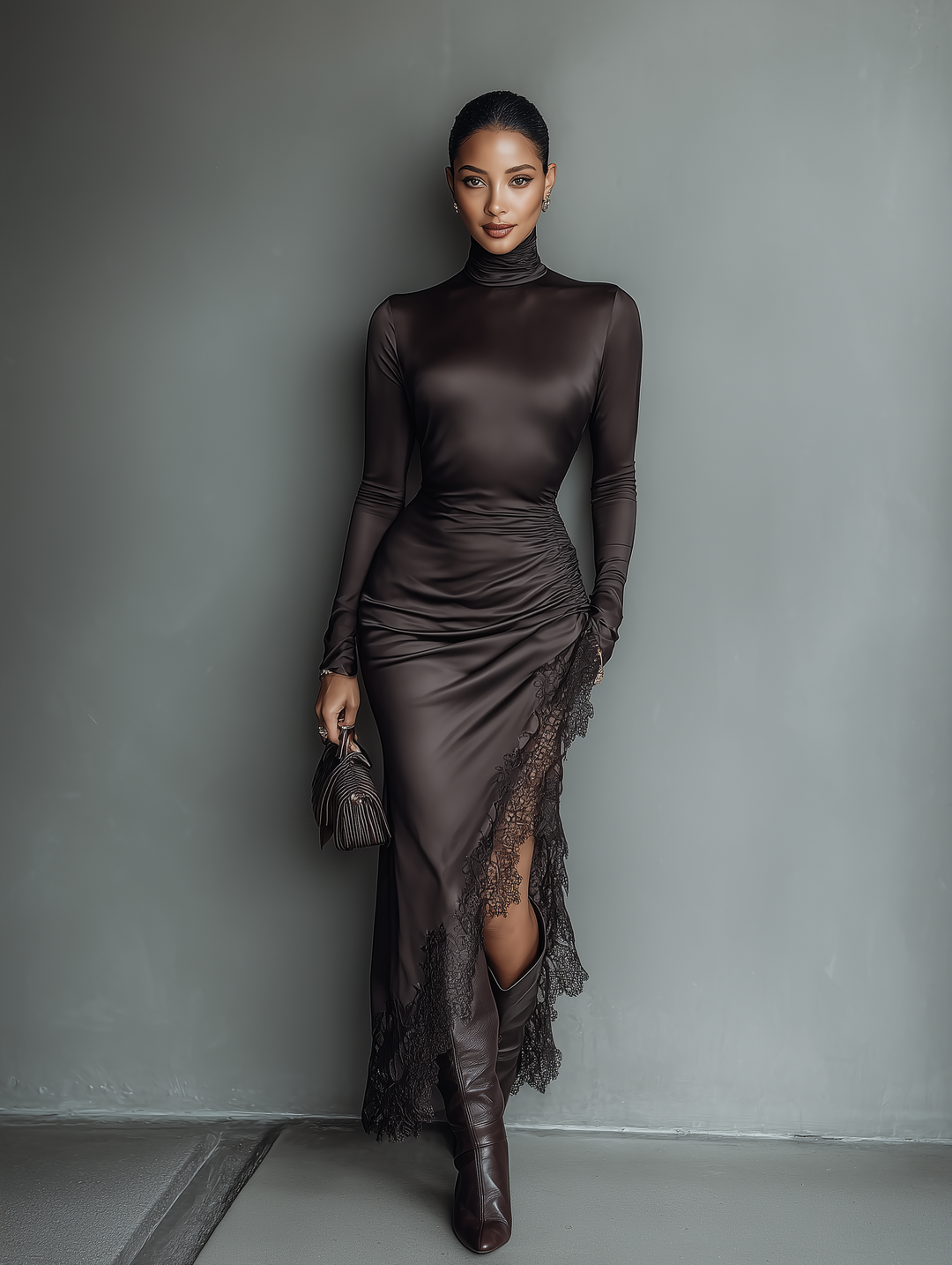 Women's Dark Brown Satin Irregular Hem Lace Slim Maxi Dress