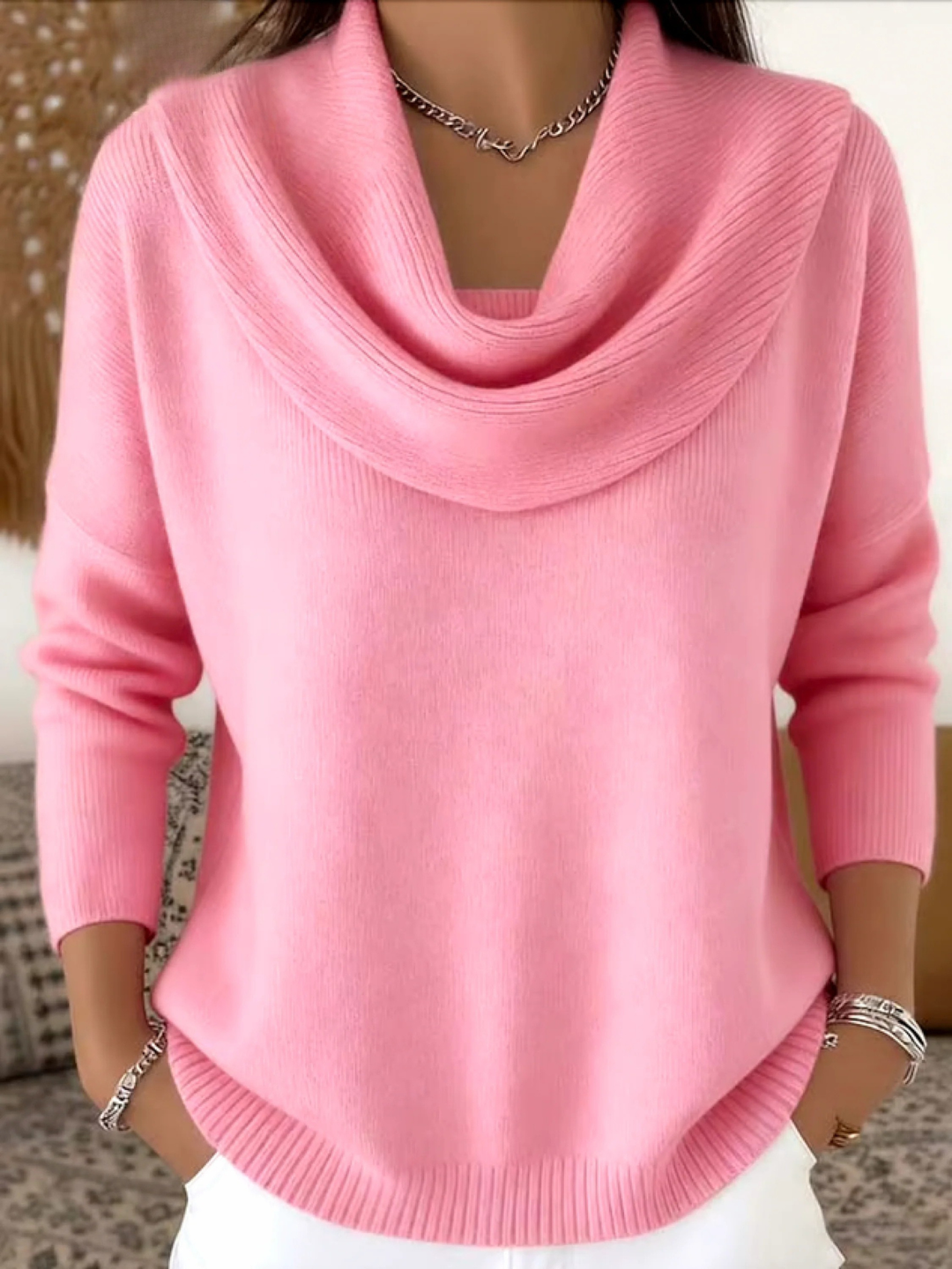 Women's Cowl Neck Knit Sweater Long Sleeve Merino Wool Jumper Pullover Tops