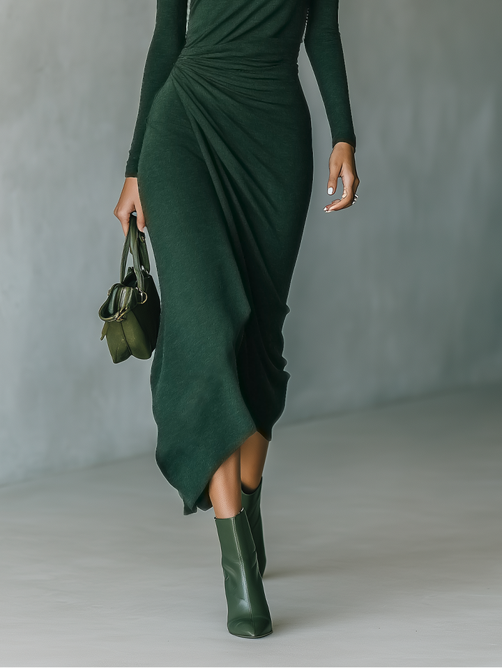 Women's Dark Green High-elastic Knitted High-neck Wrap Dress Midi Dress