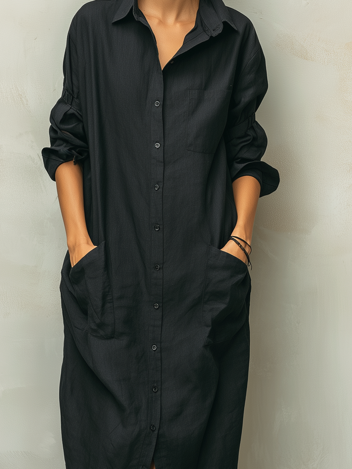 Women's Casual Black Cotton Linen Blend Shirt Collar Long Sleeve Dress