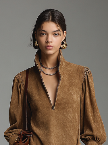 Women's Fashion Loose Suede Zipper Turtleneck Mini Dress