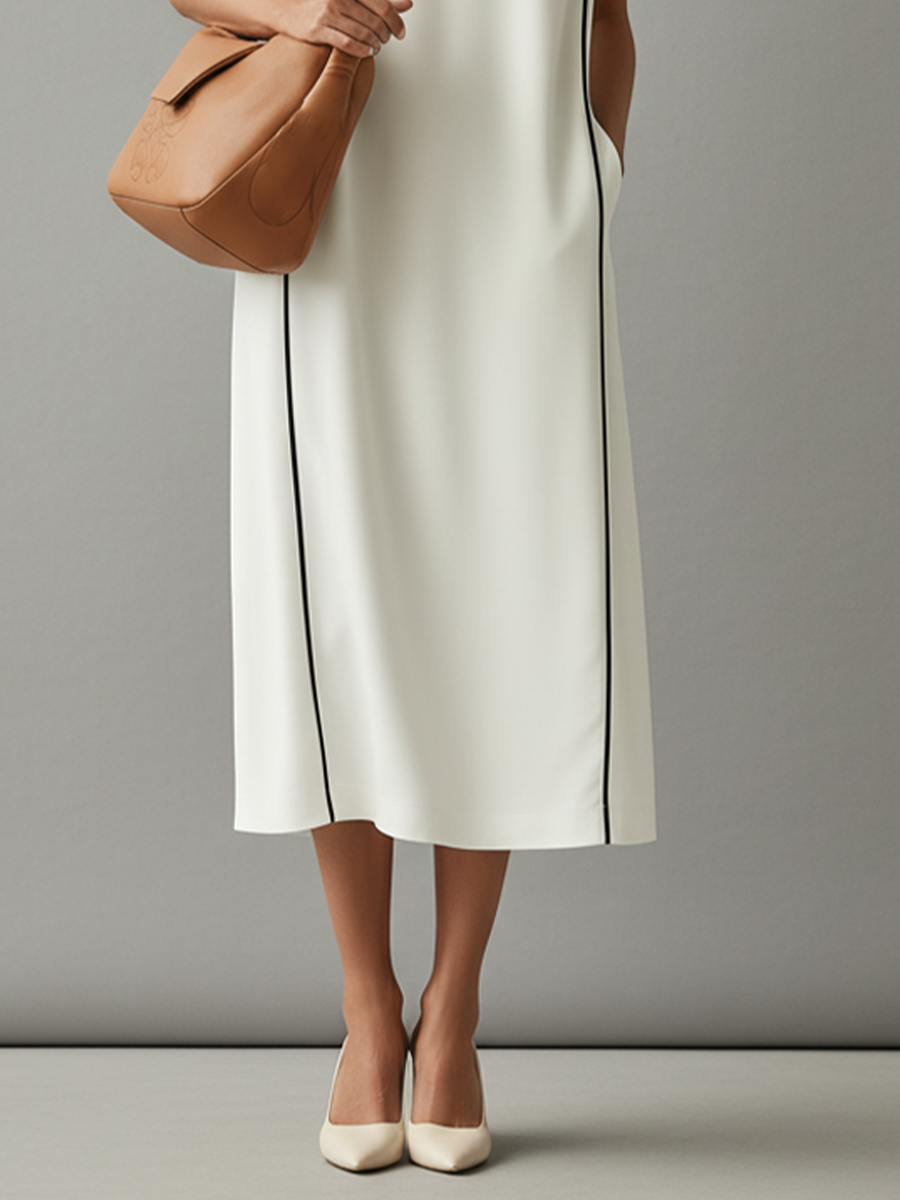 Women's White Cotton Dress With Contrast Piping & Side Pockets, Timeless Minimalist-Elegant Style Dress