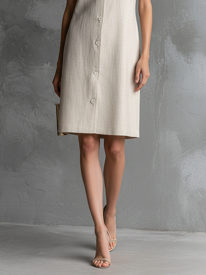 Women's Ivory Cotton Linen Sleeveless V-Neck Button-Front Midi Dress