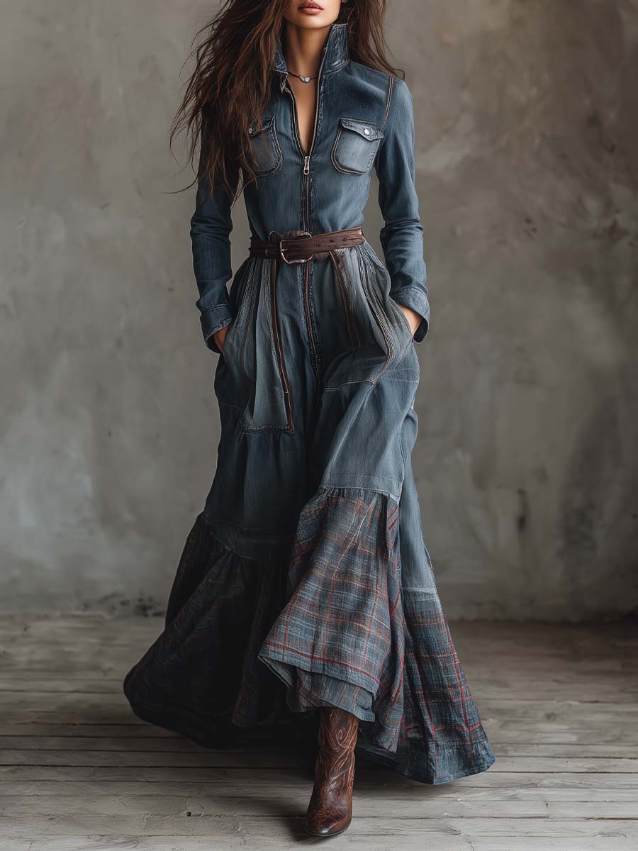 Joannah | Denim Patchwork Maxi Dress With Plaid Hem