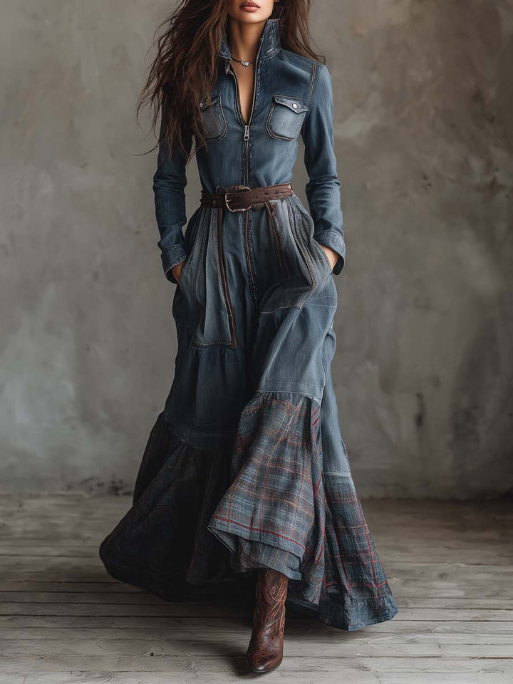 Joannah | Denim Patchwork Maxi Dress With Plaid Hem
