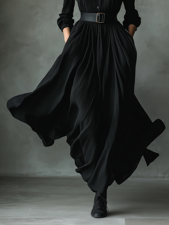 Women's Black Blend Textured Pleated Vintage Maxi Dress