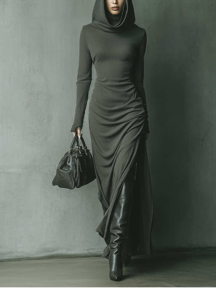 Women's Dark Grey High Elastic Knitted Hooded Maxi Dress