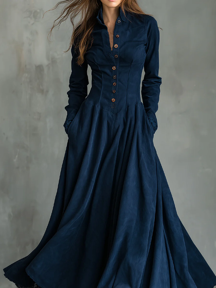 Dark Blue Gothic Maxi Dress in Synthetic Suede with Lace
