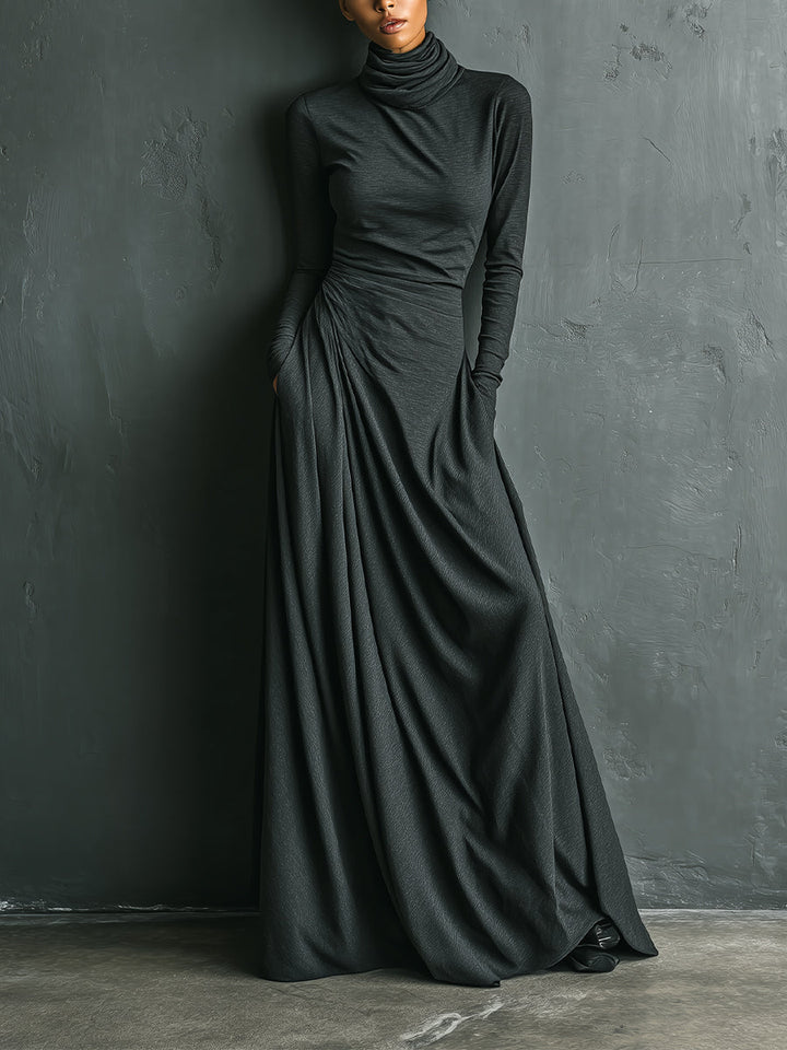 Women's Charcoal Elegant Stretch Polyester-Cotton Blend Turtleneck Draped Maxi Dress