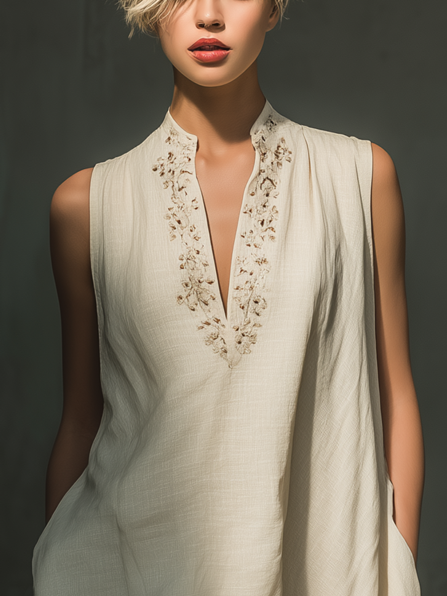 Women's Beige Linen Shift Cocoon Mini Dress With Embroidered V-Neck